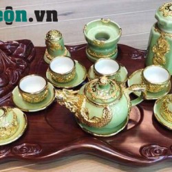 Bộ ấm chén cao cấp bọc đồng hình rồng xanh ngọc AC23A