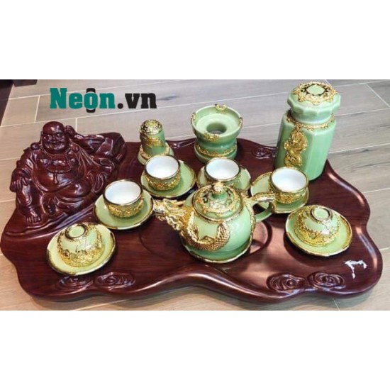 Bộ ấm chén cao cấp bọc đồng hình rồng xanh ngọc AC23A