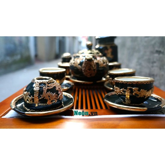 Bộ ấm chén Bát Tràng cao cấp mã đáo thành công xanh lục AC24