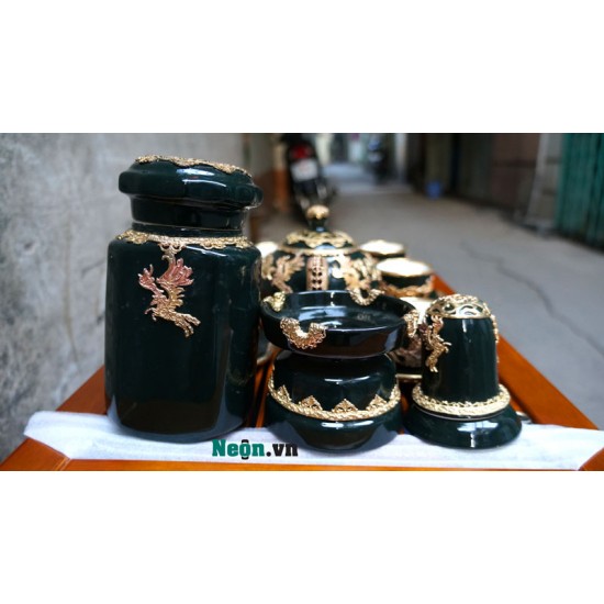 Bộ ấm chén Bát Tràng cao cấp mã đáo thành công xanh lục AC24