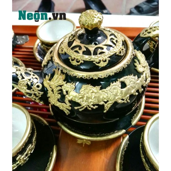 Bộ ấm chén Bát Tràng cao cấp mã đáo thành công xanh lục AC24