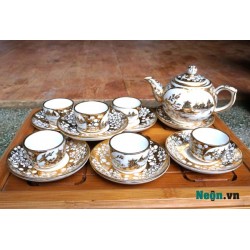 Bộ ấm trà gốm sứ Bát Tràng vẽ vàng cao cấp AC29