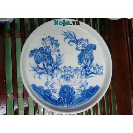 Bộ ấm chén bàn thờ Bát Tràng men lam vẽ sen AC51