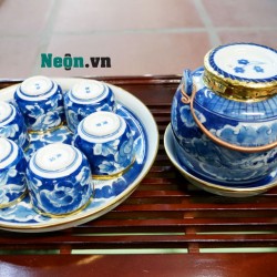 Bộ ấm trà gốm sứ Bát Tràng men lam cổ long ẩn AC52