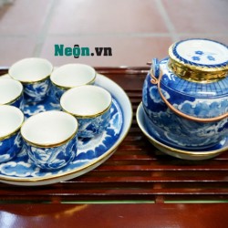 Bộ ấm trà gốm sứ Bát Tràng men lam cổ long ẩn AC52