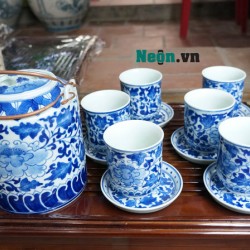 Ấm tích pha trà xanh men lam cổ vẽ hoa dây Bát Tràng AC53