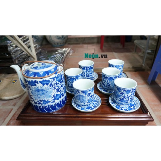 Ấm tích pha trà xanh men lam cổ vẽ hoa dây Bát Tràng AC53