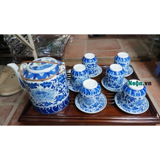 Ấm tích pha trà xanh men lam cổ vẽ hoa dây Bát Tràng AC53