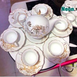 Bộ ấm trà cao cấp vẽ sen vàng kim 24k Bát Tràng quà tân gia AC27A