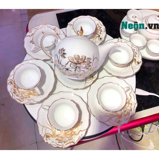 Bộ ấm trà cao cấp vẽ sen vàng kim 24k Bát Tràng quà tân gia AC27A