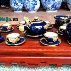 Bộ ấm chén quai nhật xanh cô ban bọc đồng AC22