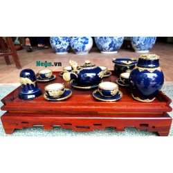 Bộ ấm chén quai nhật xanh cô ban bọc đồng AC22