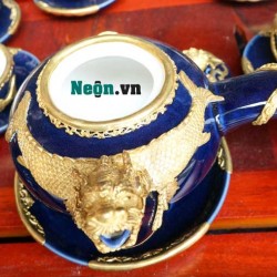 Bộ ấm chén quai nhật xanh cô ban bọc đồng AC22