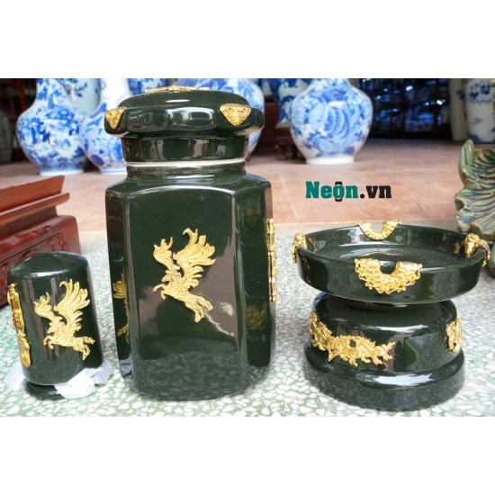 Bộ ấm chén Bát Tràng cao cấp mã đáo thành công xanh lục AC24