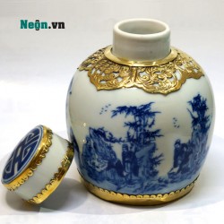 Bình đựng trà bọc đồng trúc lâm thất hiền LC01