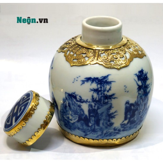 Bình đựng trà bọc đồng trúc lâm thất hiền LC01
