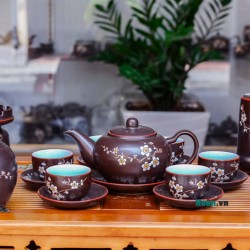 Ấm chén Bát Tràng giá rẻ họa tiết hoa đào men nâu Bát Tràng AC47