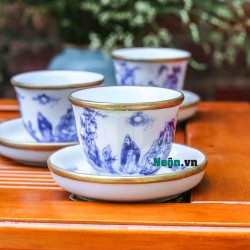 Ấm chén Bát Tràng men lam giả cổ bọc đồng vẽ trúc lâm thất hiền AC48