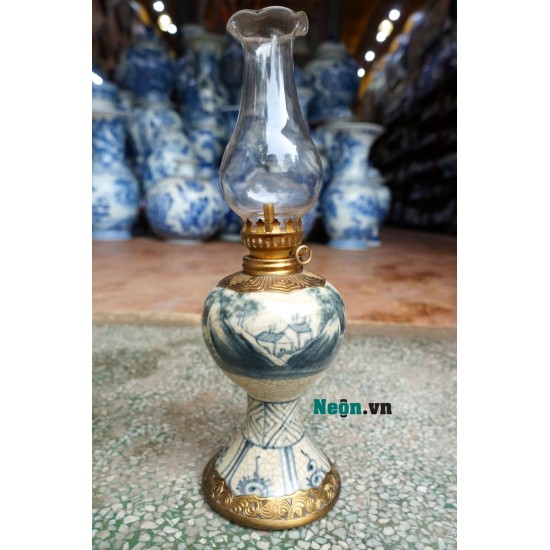 Đèn dầu thờ cúng chân váy bằng gốm Bát Tràng bọc đồng DD16