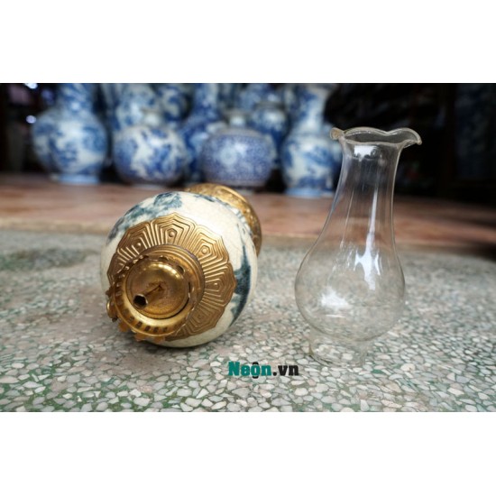Đèn dầu thờ cúng chân váy bằng gốm Bát Tràng bọc đồng DD16