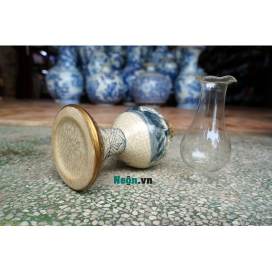 Đèn dầu thờ cúng chân váy bằng gốm Bát Tràng bọc đồng DD16