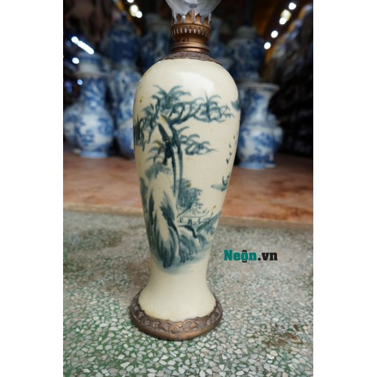 Đèn dầu thờ cúng dáng đui dế men rạn giả cổ bọc đồng Bát Tràng DD18