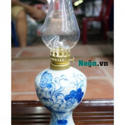 Đèn dầu thờ men lam cổ Bát Tràng vẽ hoa sen DD20