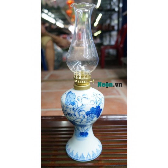 Đèn dầu thờ men lam cổ Bát Tràng vẽ hoa sen DD20