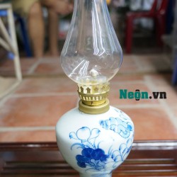 Đèn dầu thờ men lam cổ Bát Tràng vẽ hoa sen DD20