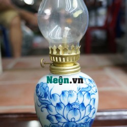 Đèn dầu thờ men lam cổ Bát Tràng vẽ hoa sen DD21