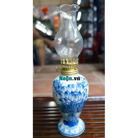 Đèn dầu thờ men lam cổ Bát Tràng vẽ hoa sen DD21