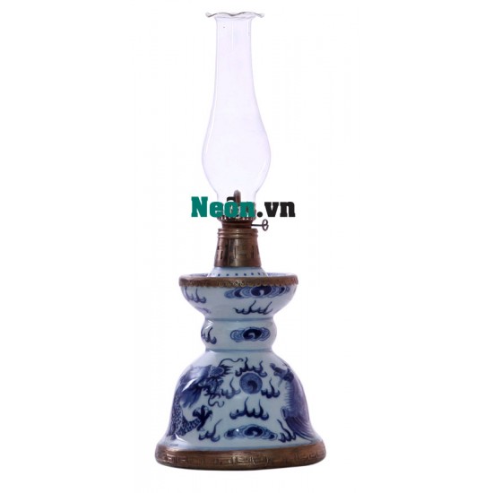 Đèn dầu gốm Bát Tràng men lam bọc đồng DD22