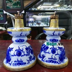 Đèn dầu gốm Bát Tràng men lam bọc đồng DD22