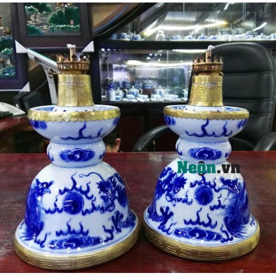 Đèn dầu gốm Bát Tràng men lam bọc đồng DD22