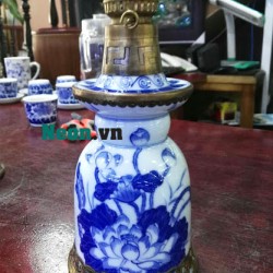 Đèn dầu thờ phật dáng quả chuông vẽ hoa sen DD23