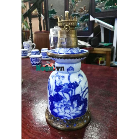 Đèn dầu thờ phật dáng quả chuông vẽ hoa sen DD23