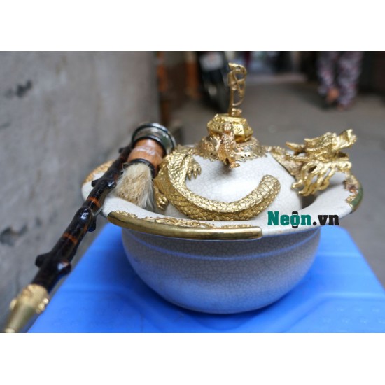 Điếu bát Bát Tràng men rạn giả cổ bọc đồng cao cấp DB30B Điếu bát Bát Tràng men rạn giả cổ bọc đồng cao cấp DB30B