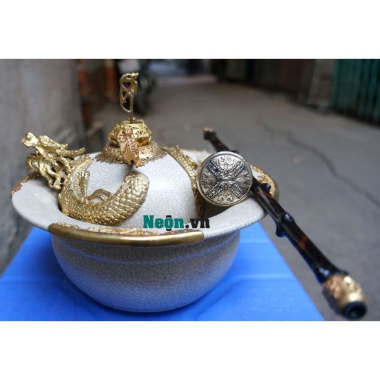 Điếu bát Bát Tràng men rạn giả cổ bọc đồng cao cấp DB30B Điếu bát Bát Tràng men rạn giả cổ bọc đồng cao cấp DB30B