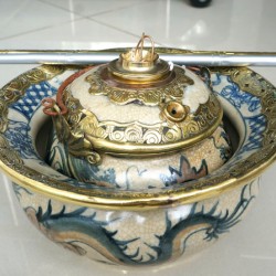 Điếu bát Bát Tràng Hà Nội men rạn hình rồng hai màu DB31