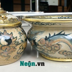 Điếu bát Bát Tràng Hà Nội men rạn hình rồng hai màu DB31