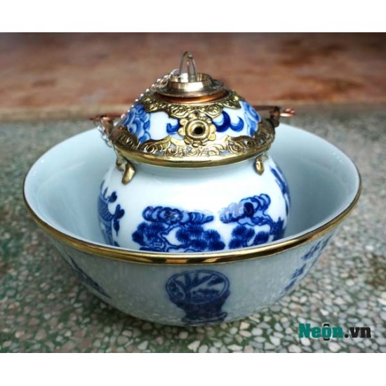 Điếu bát giá rẻ men màu chàm họa tiết Tùng Chùa DB32