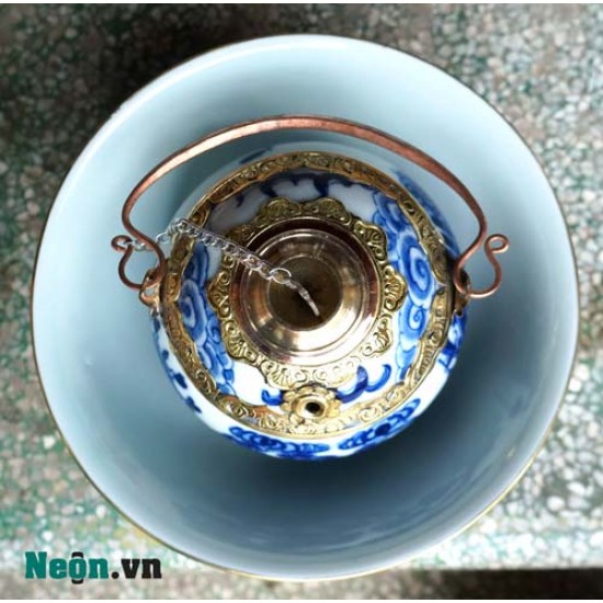 Điếu bát giá rẻ men màu chàm họa tiết Tùng Chùa DB32