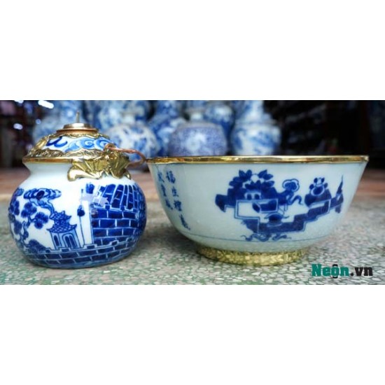 Điếu bát giá rẻ men màu chàm họa tiết Tùng Chùa DB32