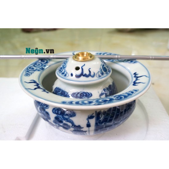 Điếu bát giá rẻ men lam trơn họa tiết tùng chùa DB36