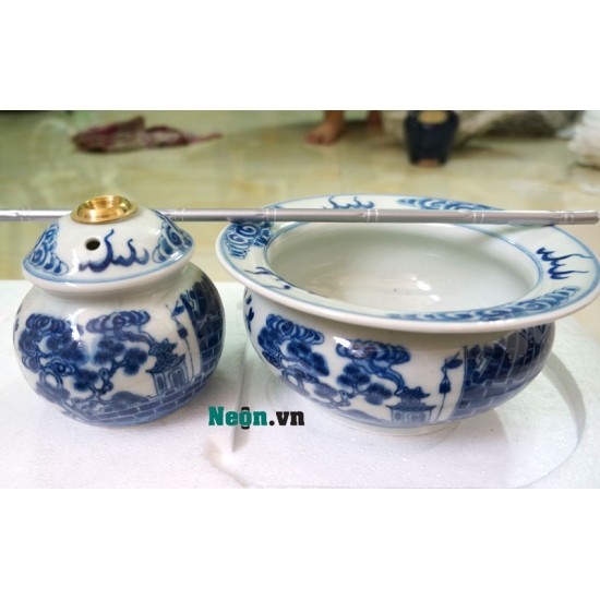 Điếu bát giá rẻ men lam trơn họa tiết tùng chùa DB36