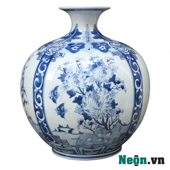 Bình hút tài lộc men lam cổ vẽ tứ cảnh Bát Tràng BL08