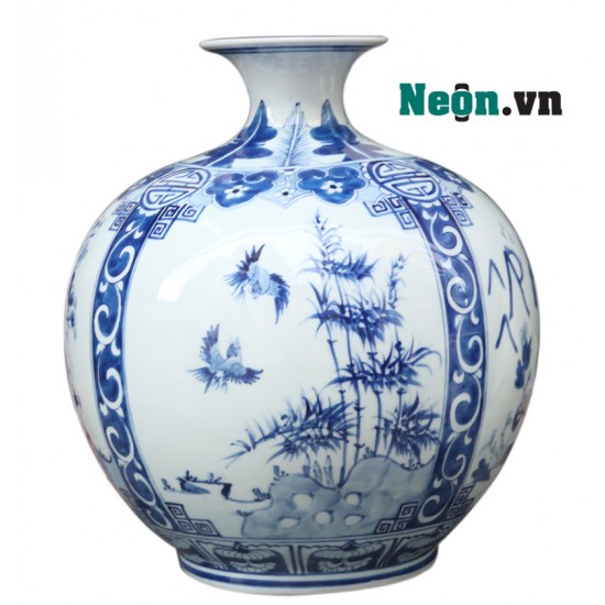 Bình hút tài lộc men lam cổ vẽ tứ cảnh Bát Tràng BL08