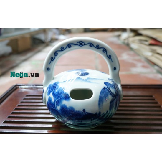 Bình vôi men lam cổ họa tiết sơn thủy BV06