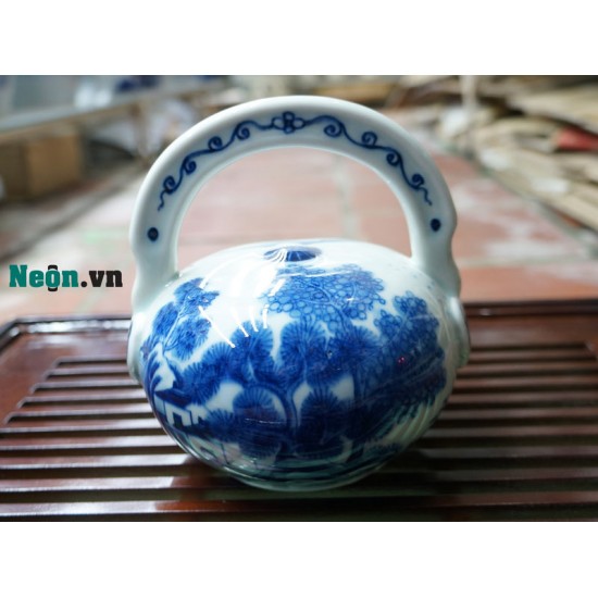 Bình vôi men lam cổ họa tiết sơn thủy BV06