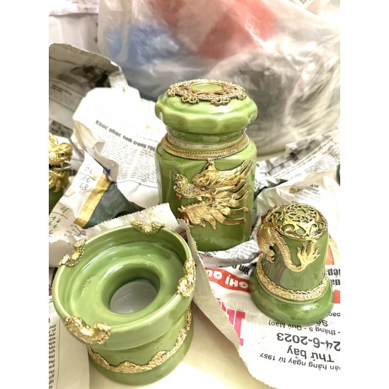 Bộ ấm chén cao cấp bọc đồng hình lân xanh ngọc AC23B